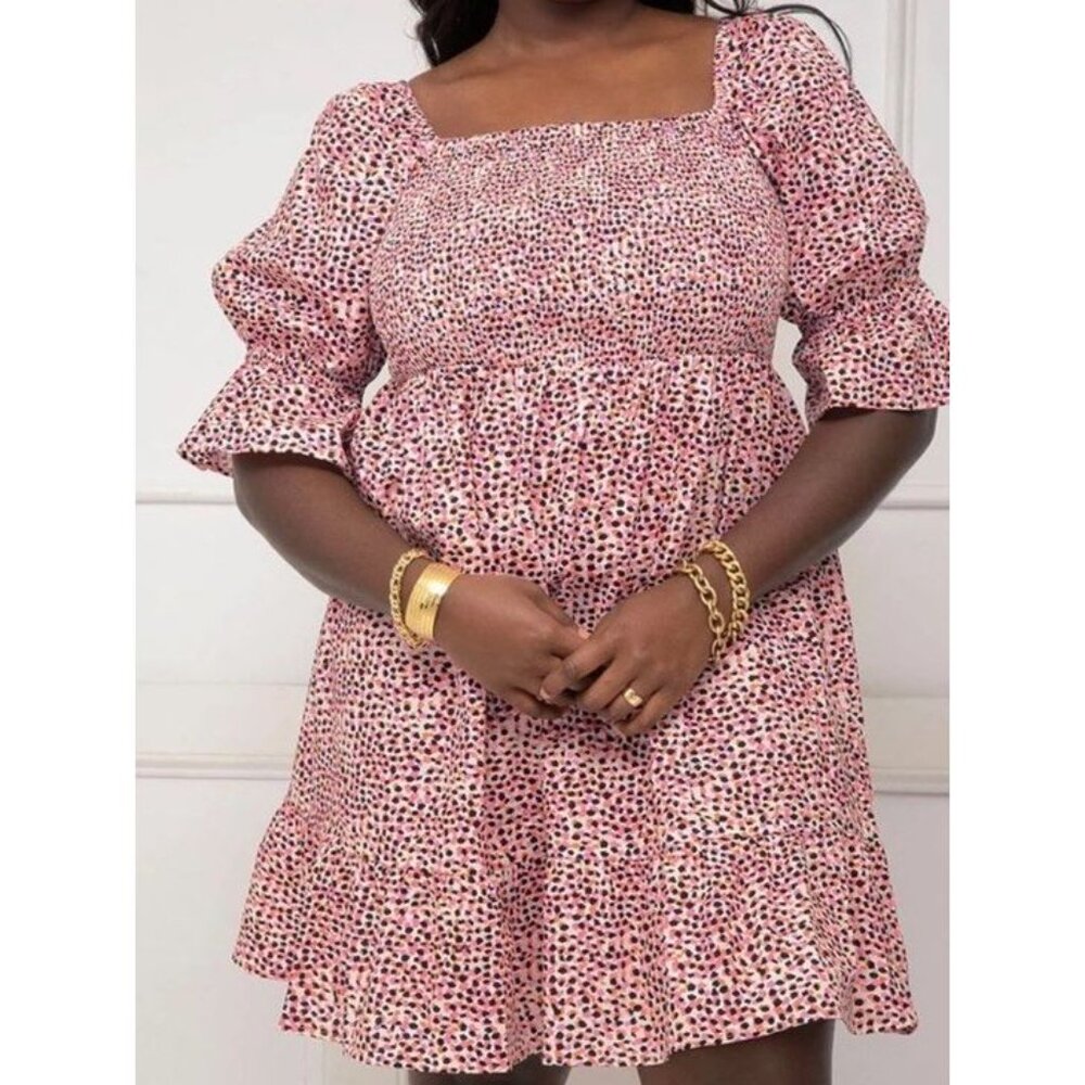 ELOQUII Elements Women's Plus Size Smocked Bodice Dress with Puff Sleeves Size22